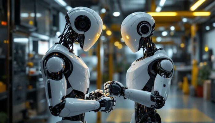 A photograph of a sleek industrial robot in action within a home safety environment