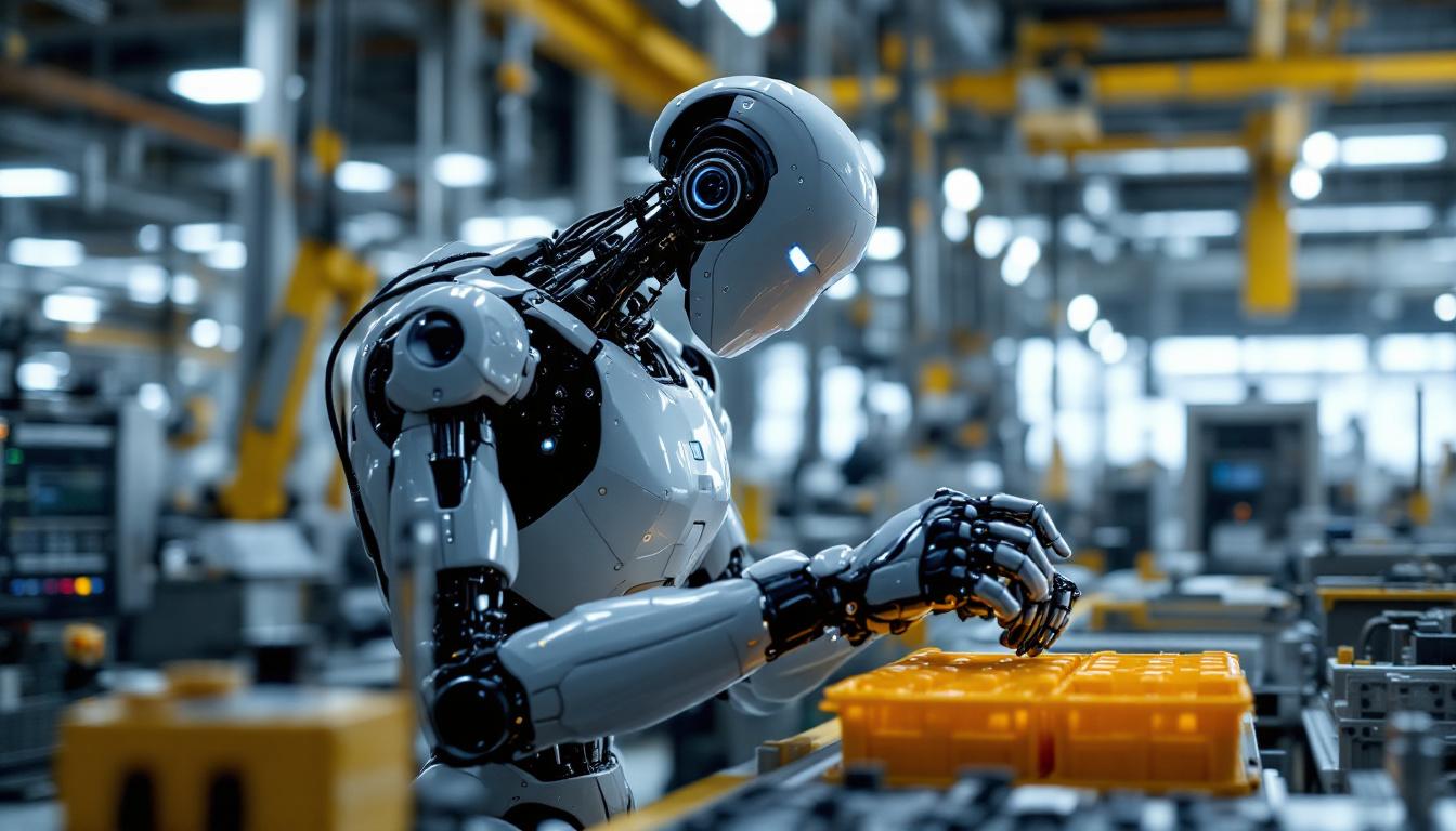 A photograph of a sleek industrial robot in action within a modern manufacturing environment