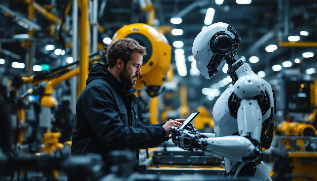 A photograph of a skilled technician programming or interacting with an industrial robot in a high-tech manufacturing environment