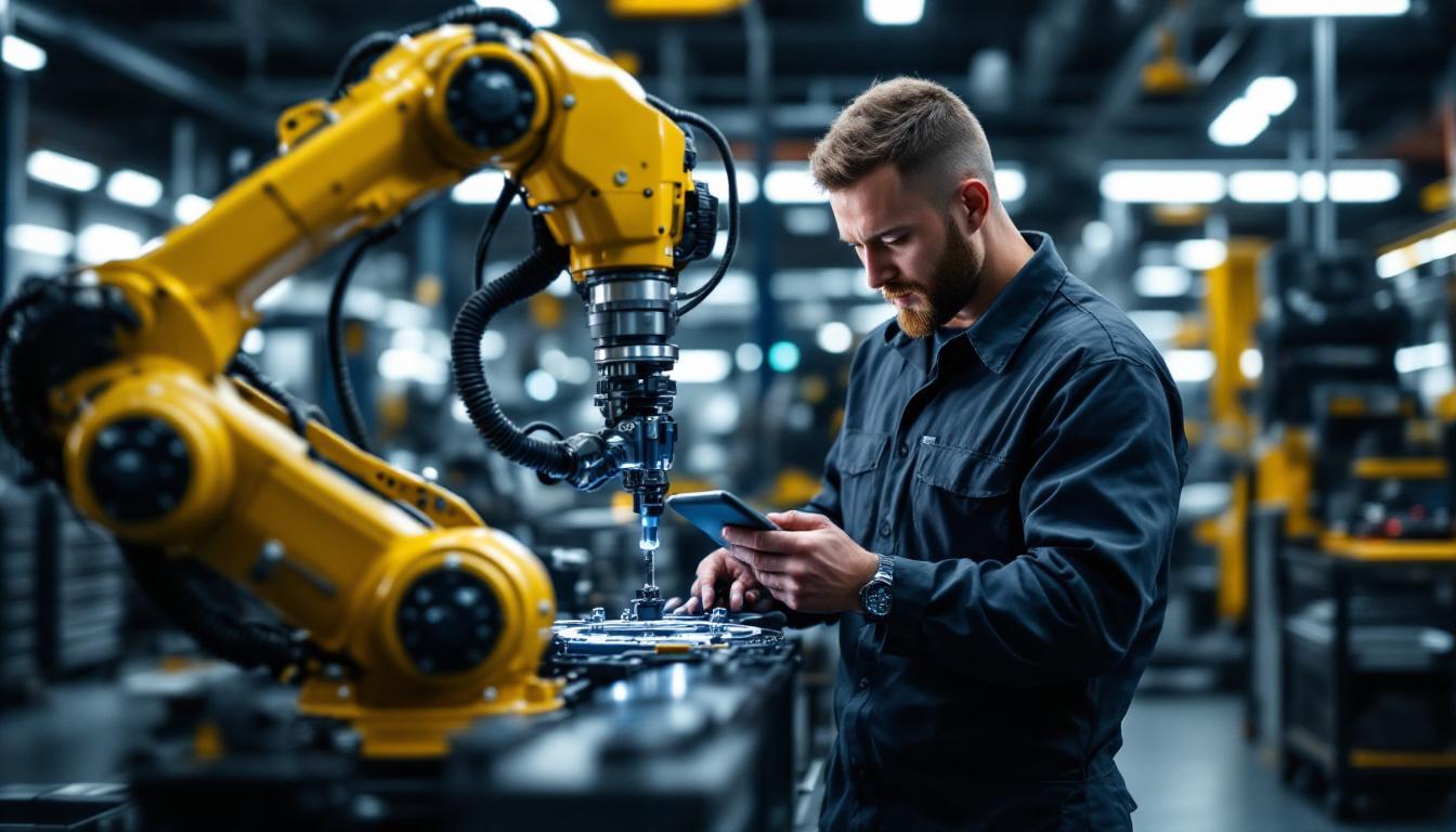 A photograph of a skilled technician working alongside an industrial robotic arm in a modern car repair shop