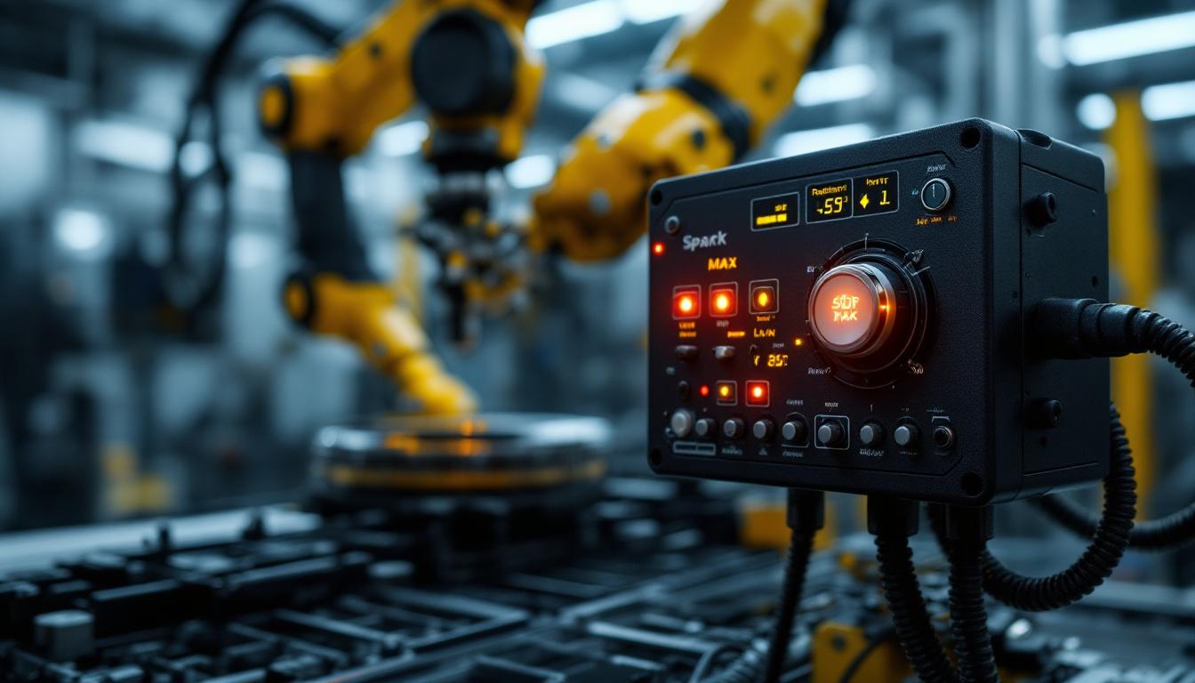 A photograph of a spark max motor controller in an industrial robotic setting
