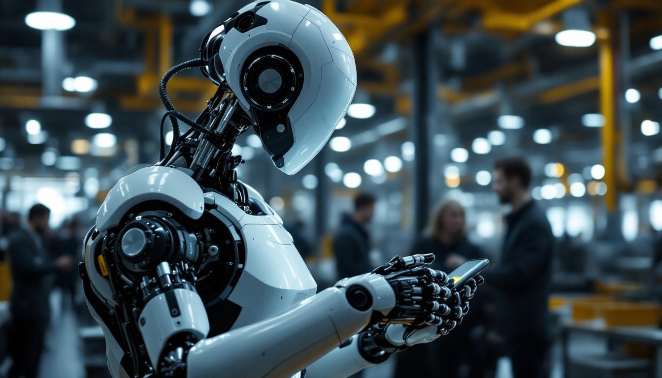 A photograph of a modern industrial robot in action within a manufacturing setting