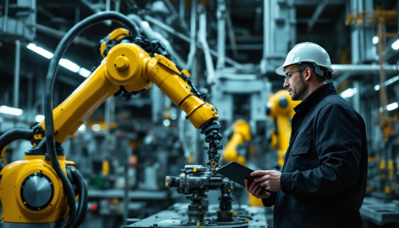 A photograph of a subway inspector examining an industrial robotic arm in a transit maintenance facility