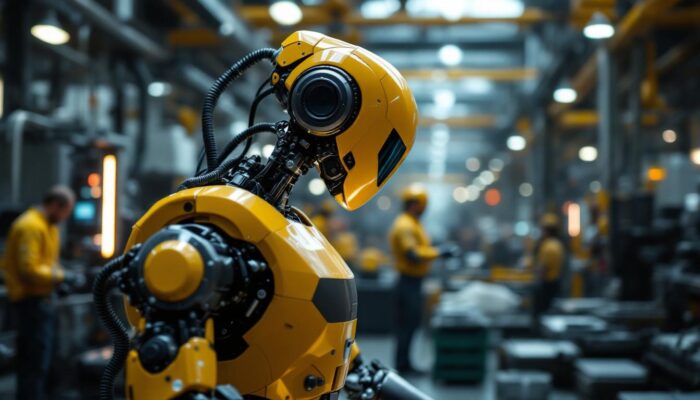 A photograph of a sleek industrial robot in action within a modern manufacturing environment