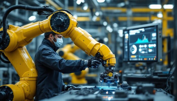 A photograph of a skilled technician operating an industrial robotic arm within a modern manufacturing environment