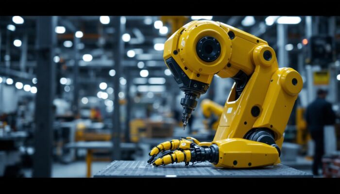 A photograph of a sleek industrial robot in action within a manufacturing facility
