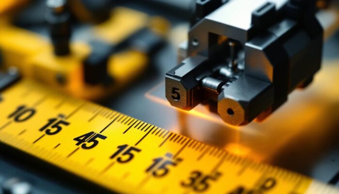 A photograph of a close-up shot of an industrial robot's precision tool or component