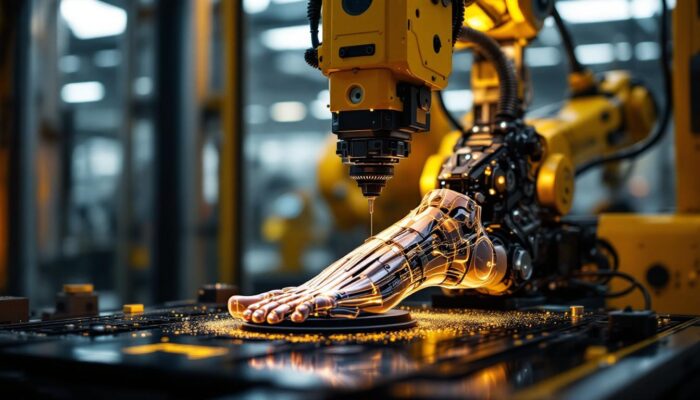 A photograph of a high-tech industrial robot in action