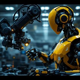 A photograph of a sleek industrial robot in action