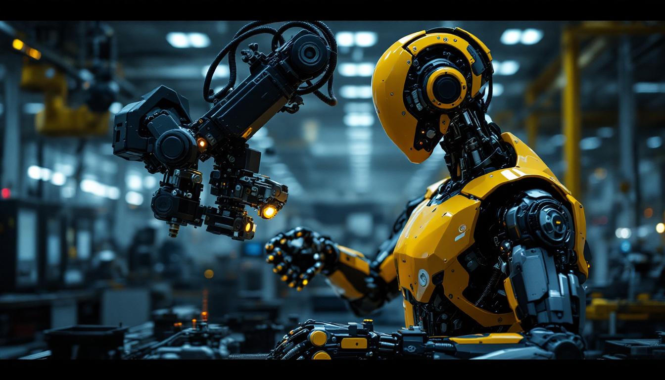 A photograph of a sleek industrial robot in action