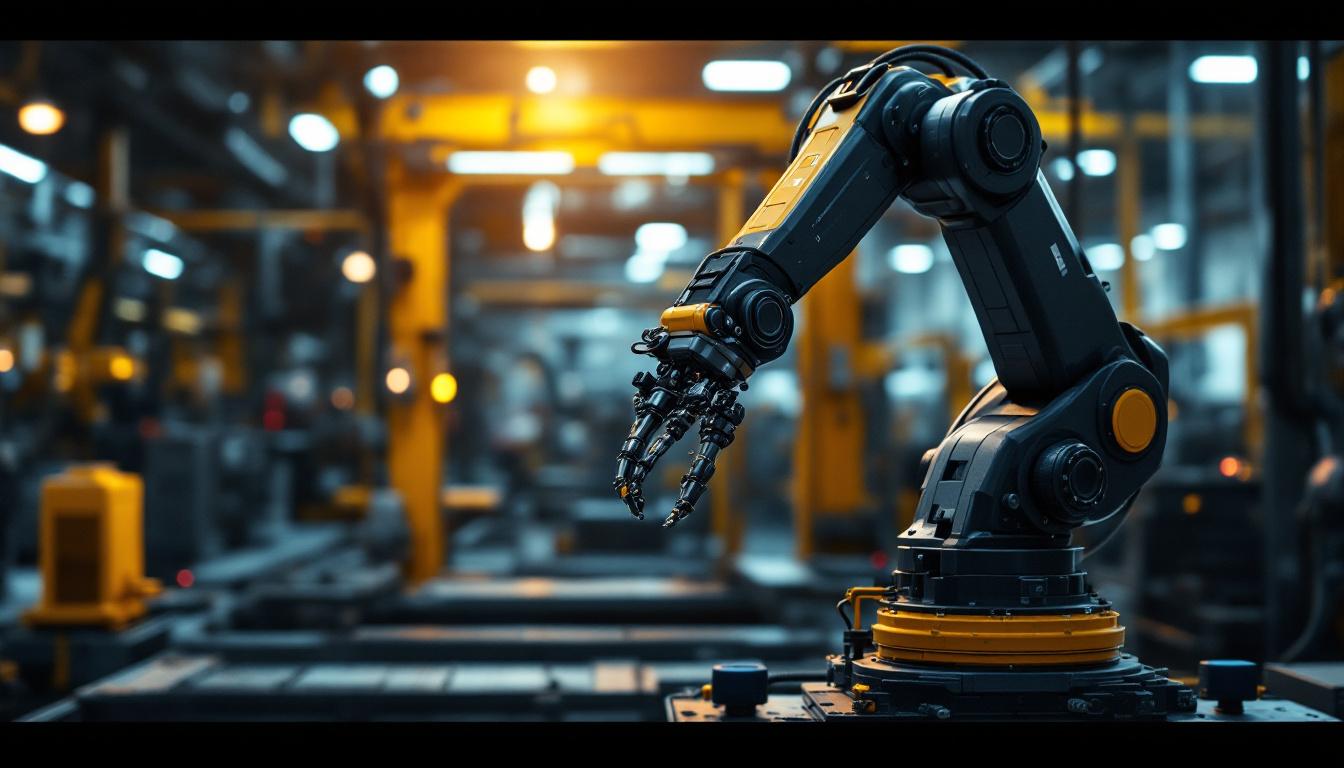 A photograph of a sleek industrial robotic arm in action within a factory setting