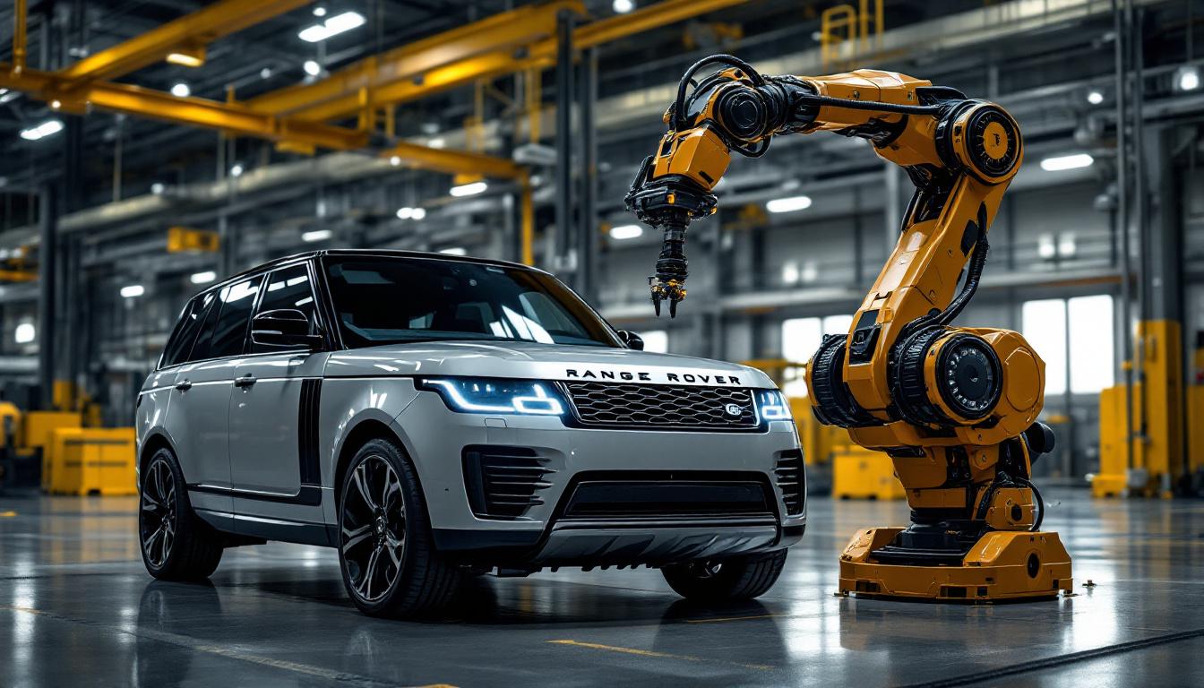 A photograph of a range rover parked beside an industrial robotic arm in a factory setting