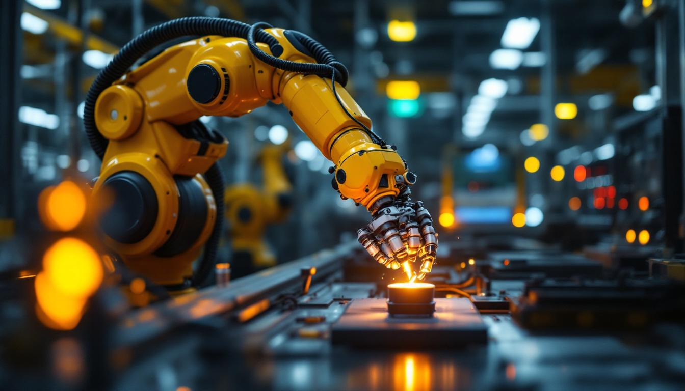 A photograph of a dynamic industrial setting showcasing a robotic arm in action