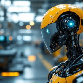 A photograph of a sleek industrial robot in action within a modern manufacturing environment