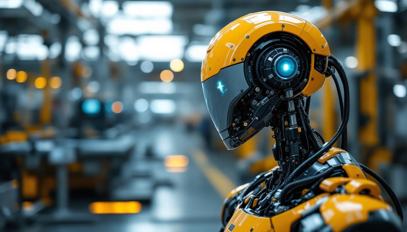 A photograph of a sleek industrial robot in action within a modern manufacturing environment
