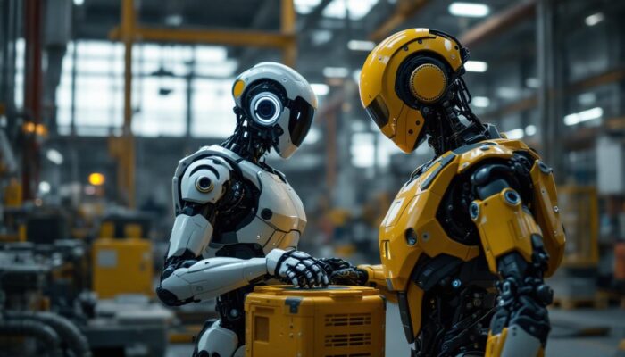 A photograph of a dynamic scene showcasing both atlas and a cyborg in an industrial setting