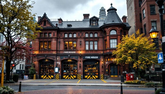 A photograph of a bustling boston firehouse