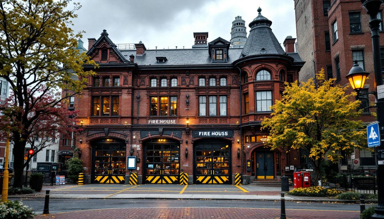 A photograph of a bustling boston firehouse