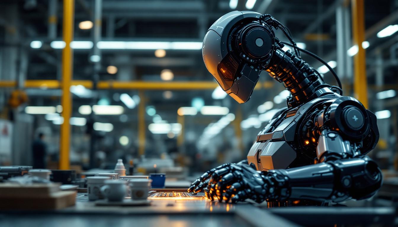 A photograph of a sleek industrial robot in action within a boston manufacturing facility
