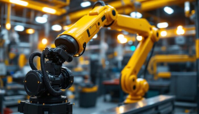 A photograph of a sleek industrial robotic arm in action