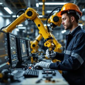 A photograph of a dynamic industrial robotics workspace
