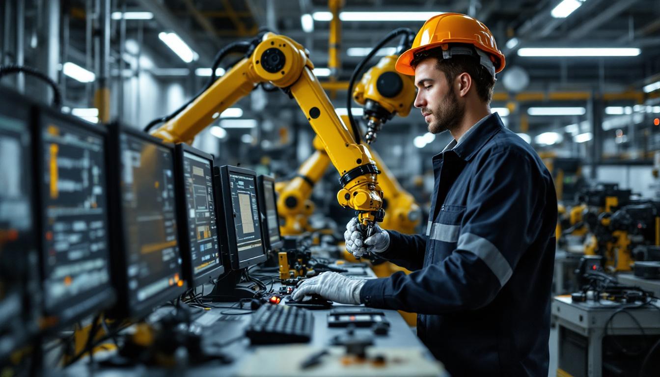 A photograph of a dynamic industrial robotics workspace