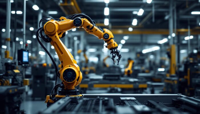 A photograph of a sleek industrial robotic arm in action within a modern manufacturing environment