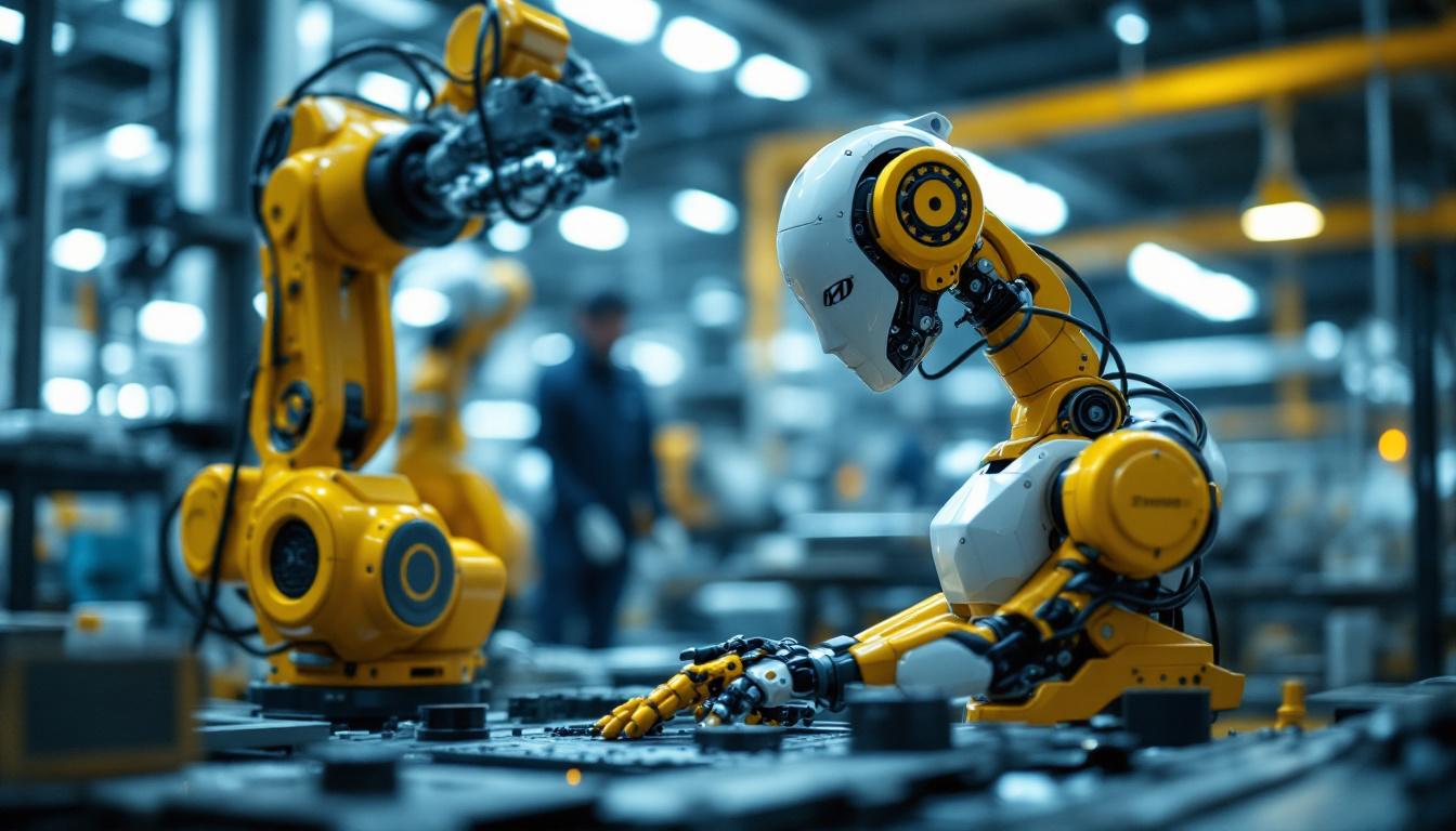 A photograph of a sleek hyundai industrial robot in action on the factory floor