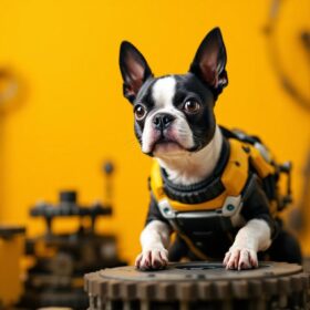 A photograph of a playful boston terrier female surrounded by industrial-themed elements