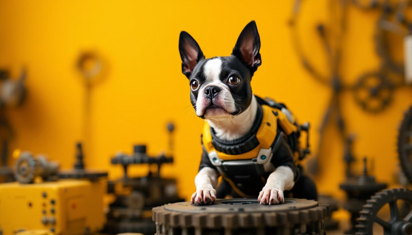 A photograph of a playful boston terrier female surrounded by industrial-themed elements