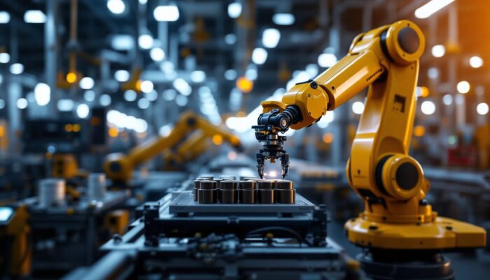 A photograph of a highly detailed industrial robotic arm in action