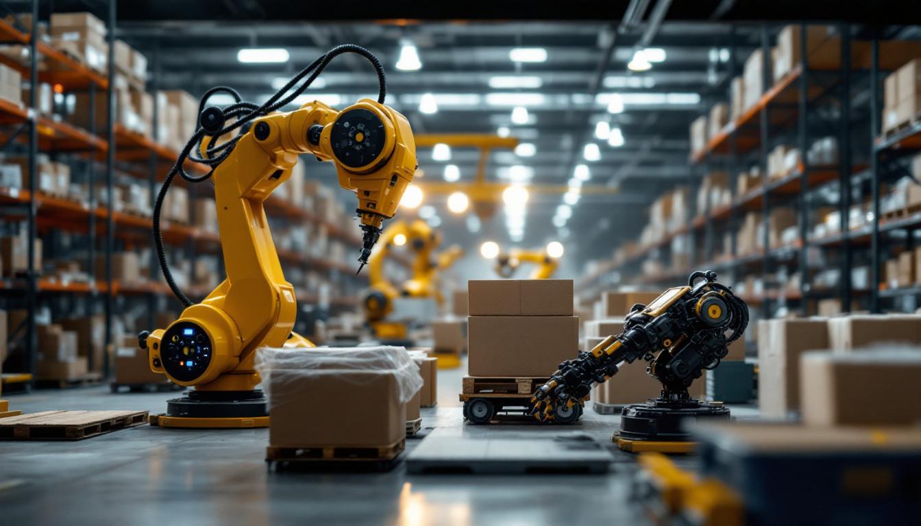 A photograph of a busy industrial warehouse scene featuring advanced robotic systems in action