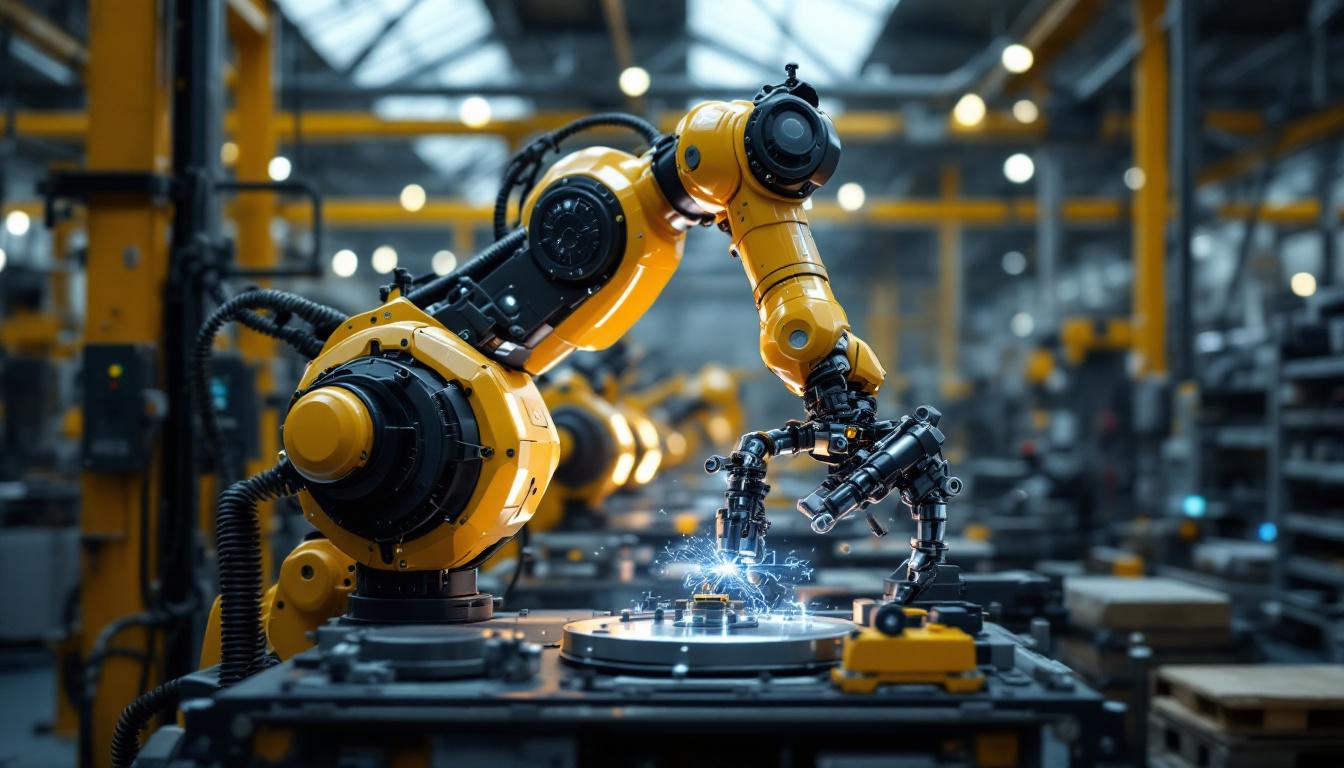 A photograph of a dynamic industrial robot in action