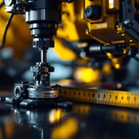 A photograph of a close-up shot of an industrial robot in action