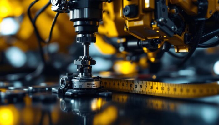 A photograph of a close-up shot of an industrial robot in action