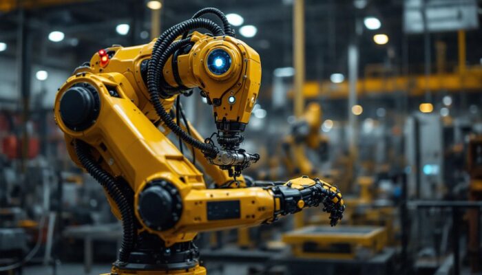 A photograph of capture a photograph of an industrial robot in action within a boston manufacturing facility