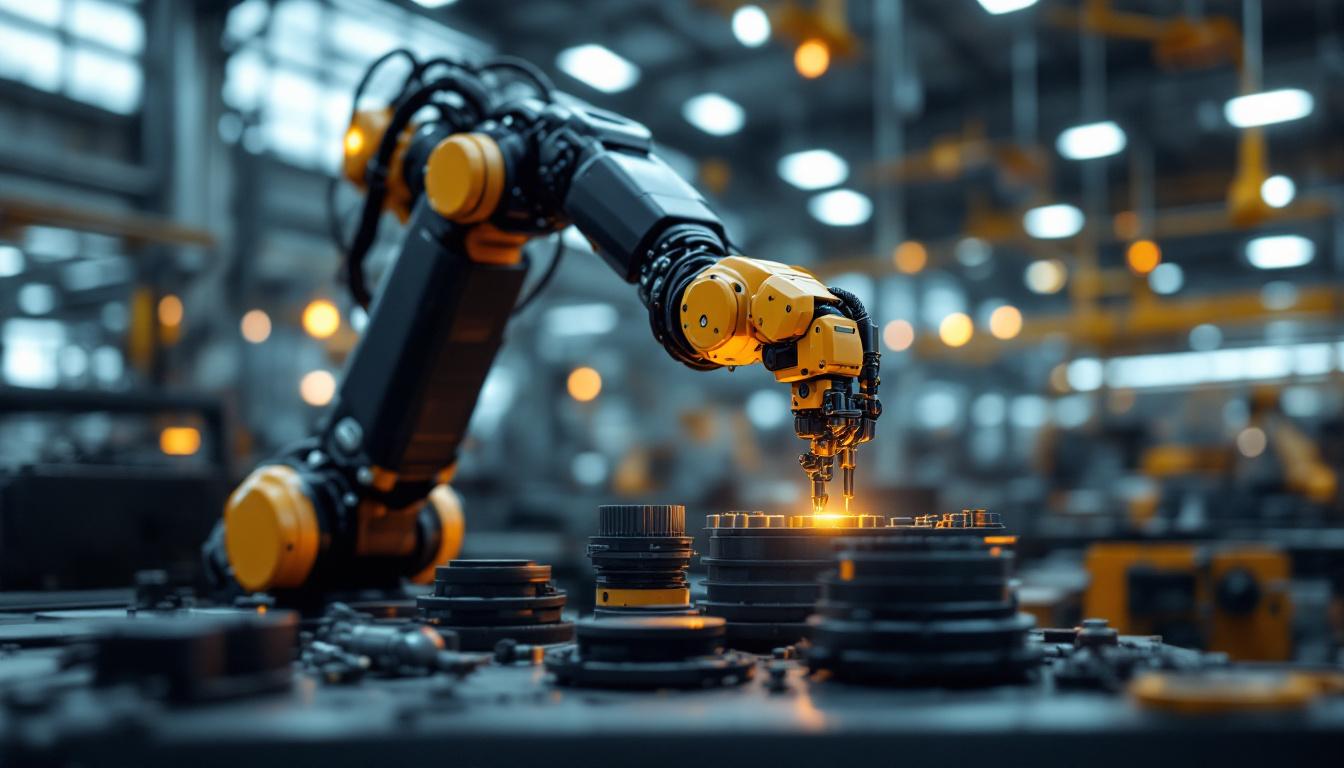 A photograph of a sleek industrial robotic arm in action within a modern manufacturing environment