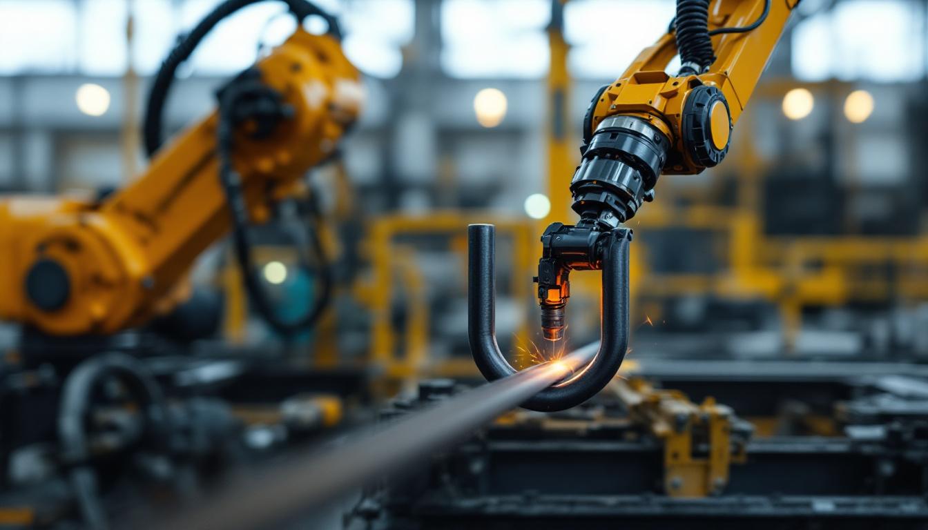 A photograph of a skilled industrial robotic arm precisely bending and shaping u-shaped rebar in a modern manufacturing setting