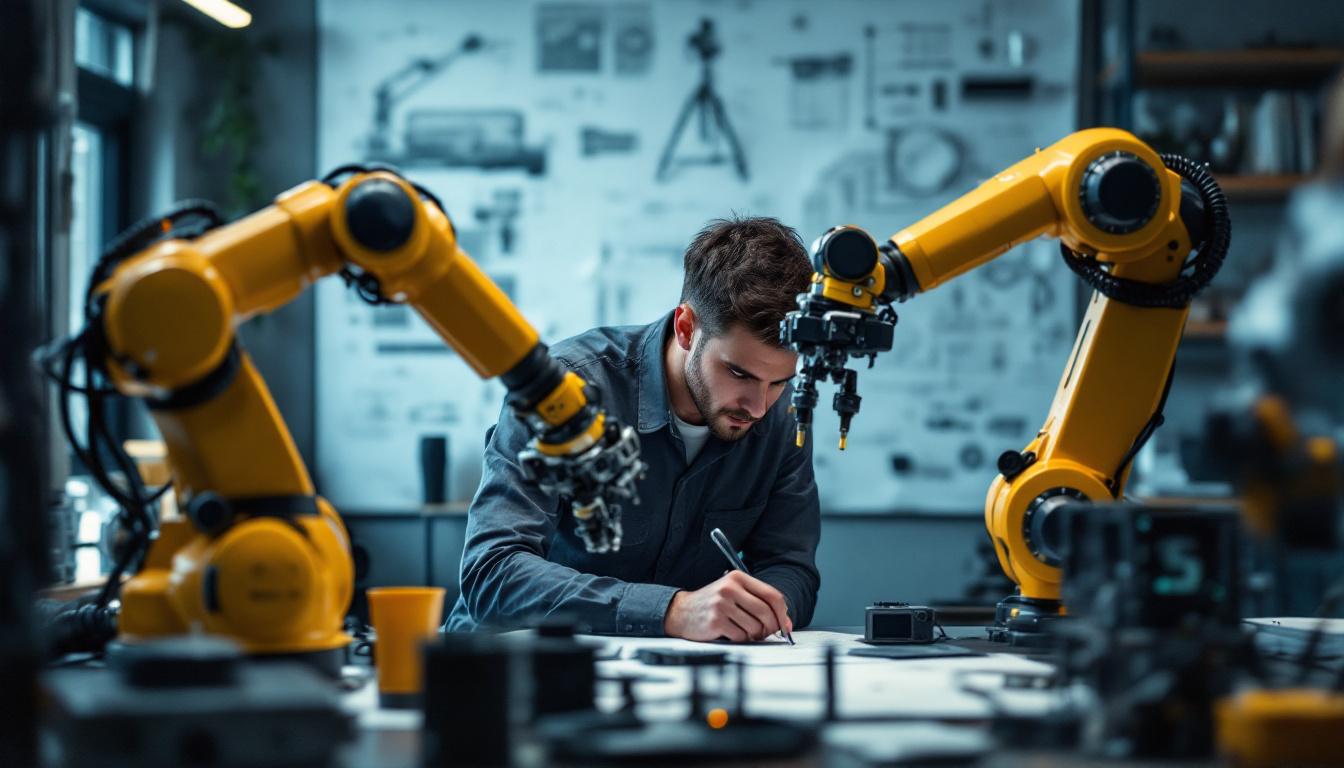 A photograph of a computer engineer in a modern workspace