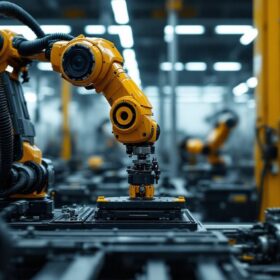 A photograph of a sleek industrial robotic arm in action within a manufacturing setting