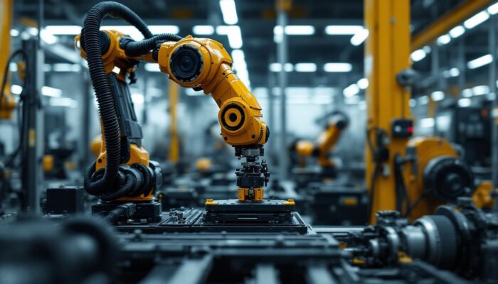 A photograph of a sleek industrial robotic arm in action within a manufacturing setting