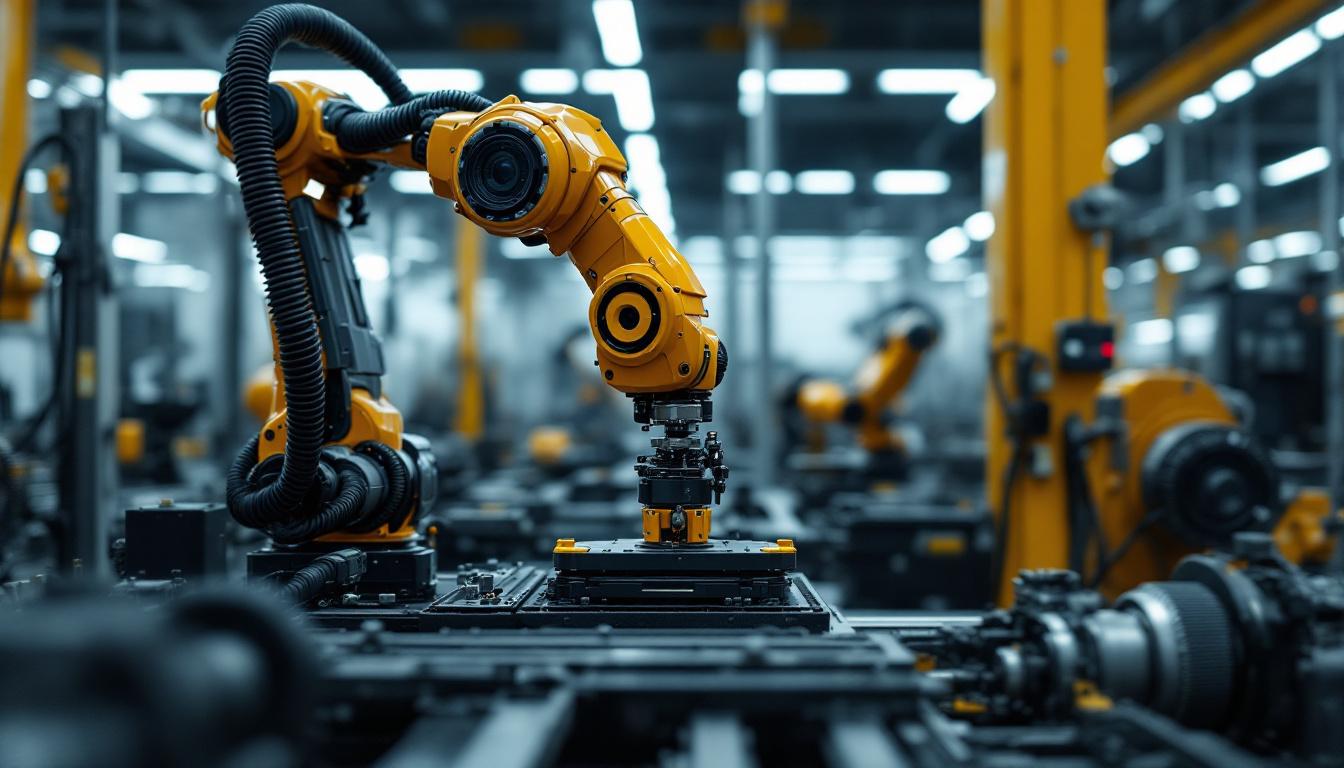 A photograph of a sleek industrial robotic arm in action within a manufacturing setting
