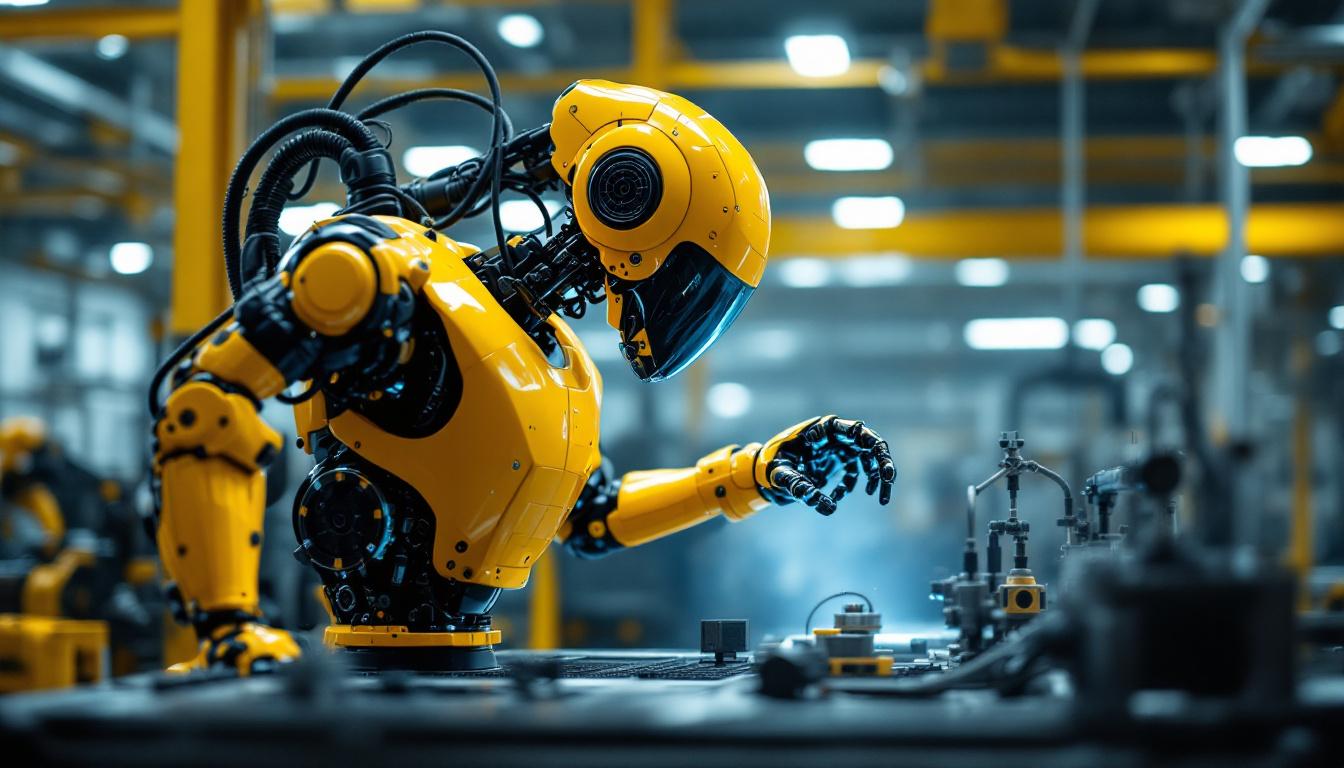 A photograph of a dynamic industrial robot in action within a manufacturing environment