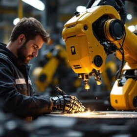 A photograph of a skilled technician working alongside an industrial robot in a seattle manufacturing facility