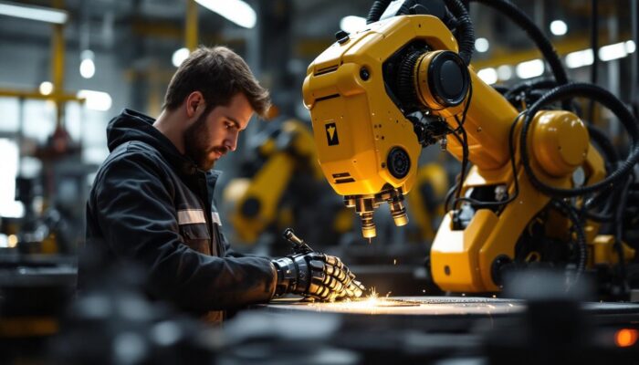 A photograph of a skilled technician working alongside an industrial robot in a seattle manufacturing facility