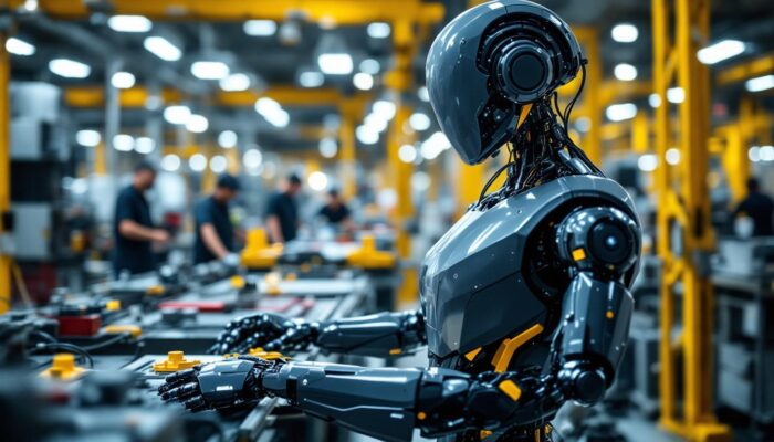 A photograph of a sleek industrial robot in action