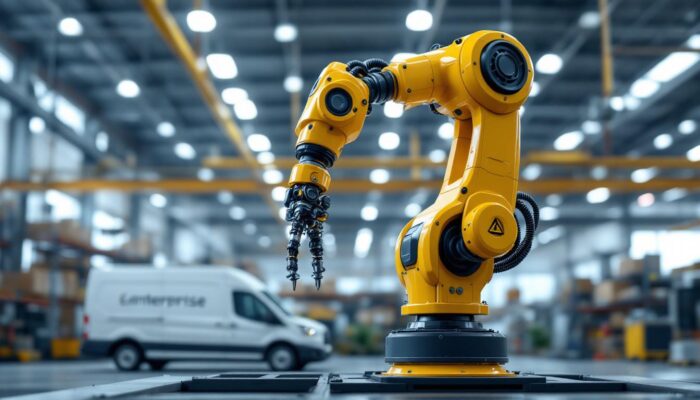 A photograph of capture a photograph of a sleek industrial robotic arm in action