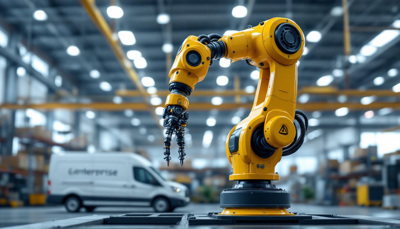 A photograph of capture a photograph of a sleek industrial robotic arm in action