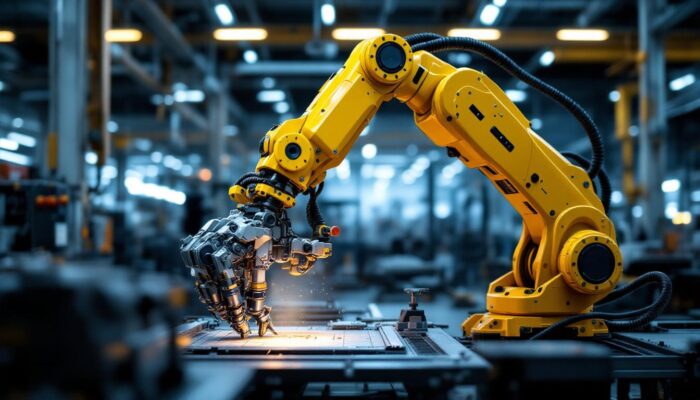 A photograph of a dynamic industrial robotic arm in action