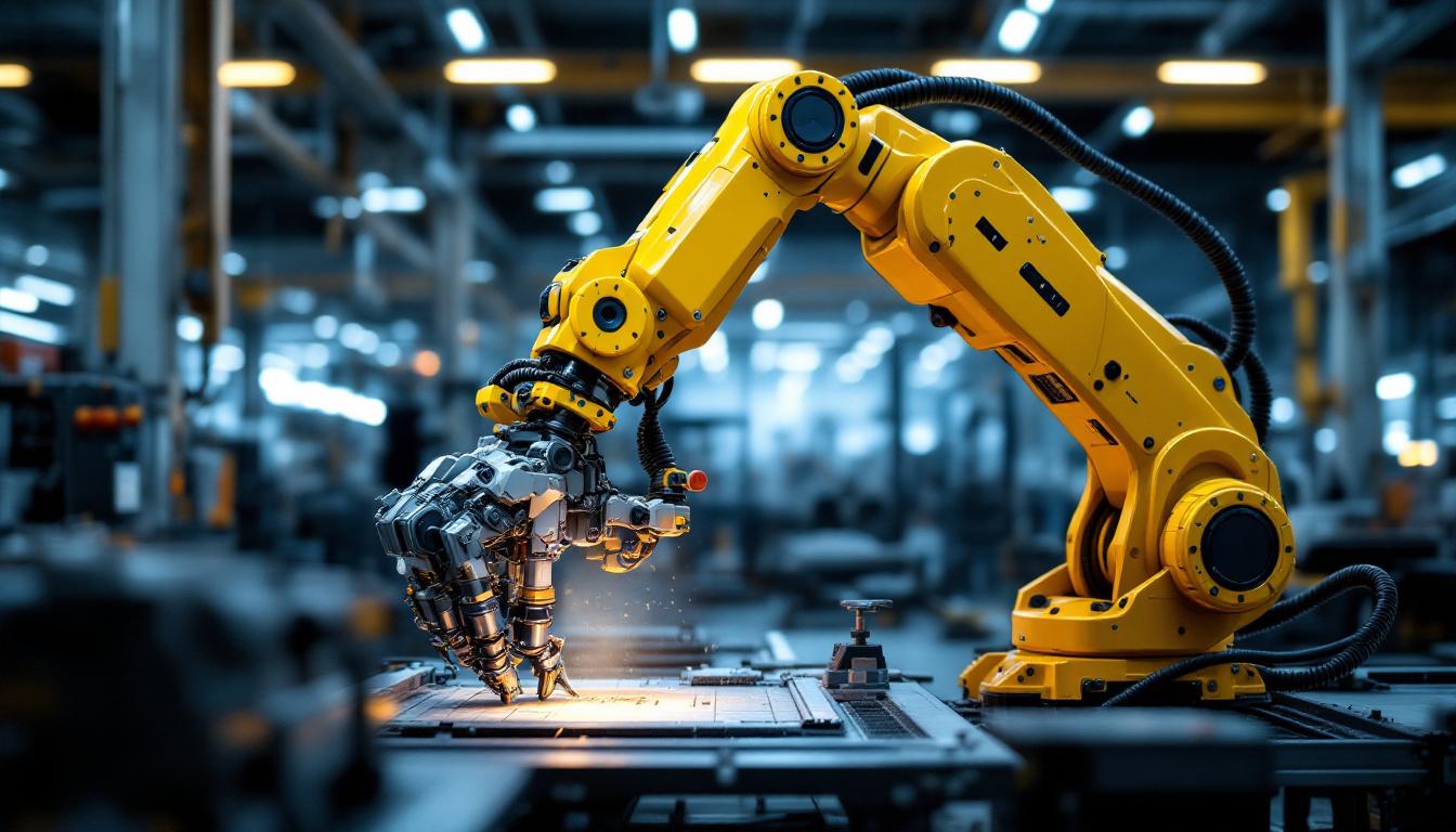 A photograph of a dynamic industrial robotic arm in action